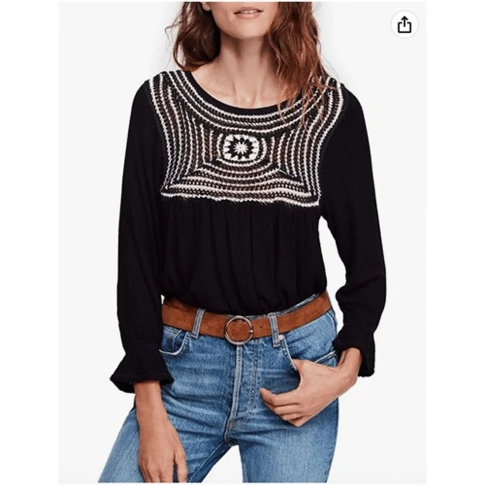 Free People Soul Mate Top Black white embroidery loose fit Womans size M